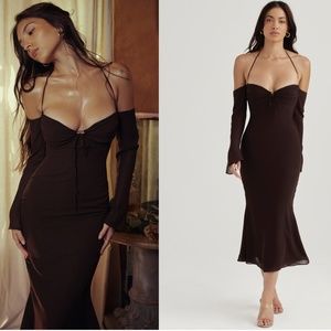 HOUSE OF CB ‘NAOMI’ ESPRESSO HALTER MIDI DRESS L+/10-12 AUTHENTIC